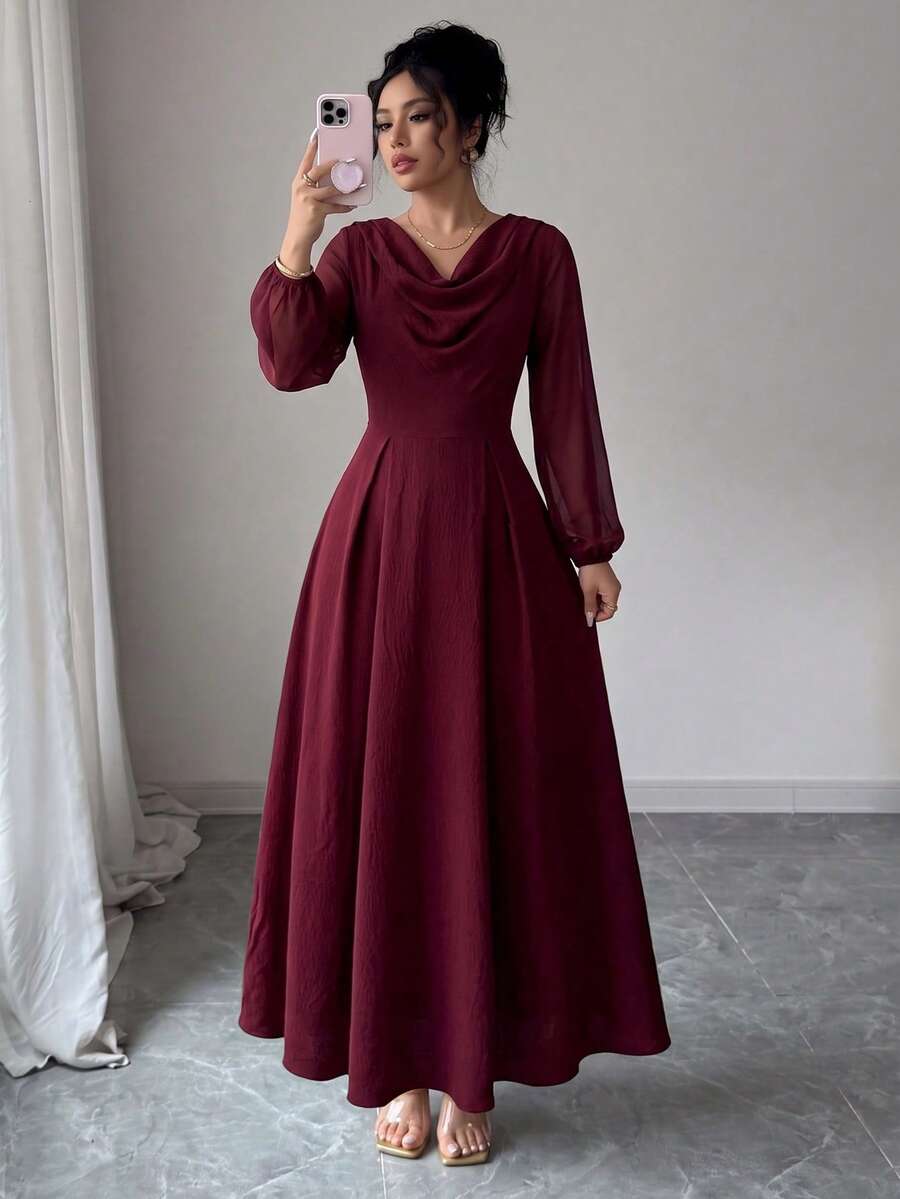 SHEIN Elenzga فستان شيفون برقبة منسدلة وأكمام طويلة وخصر مشدود