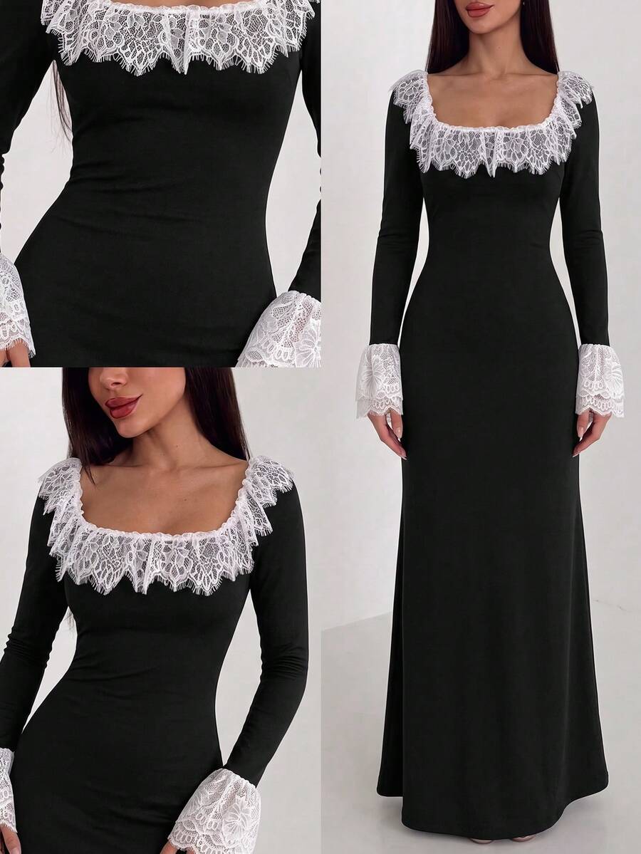 SHEIN Firerie فستان أسود مزين بالدانتيل الأبيض بكشكشة وأكمام طويلة