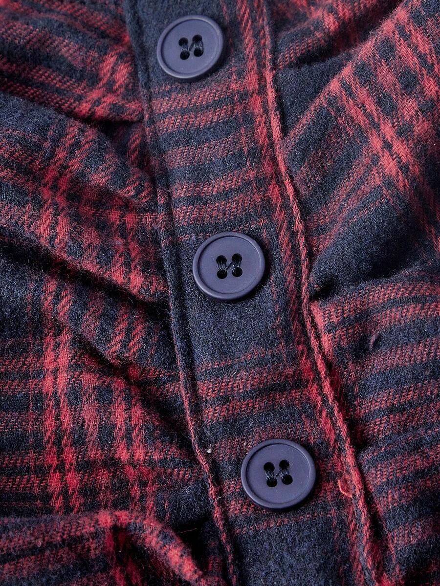 SHEIN MOD فستان قصير عنابي بحمالات وطيات كاروهات بطابع بريبي