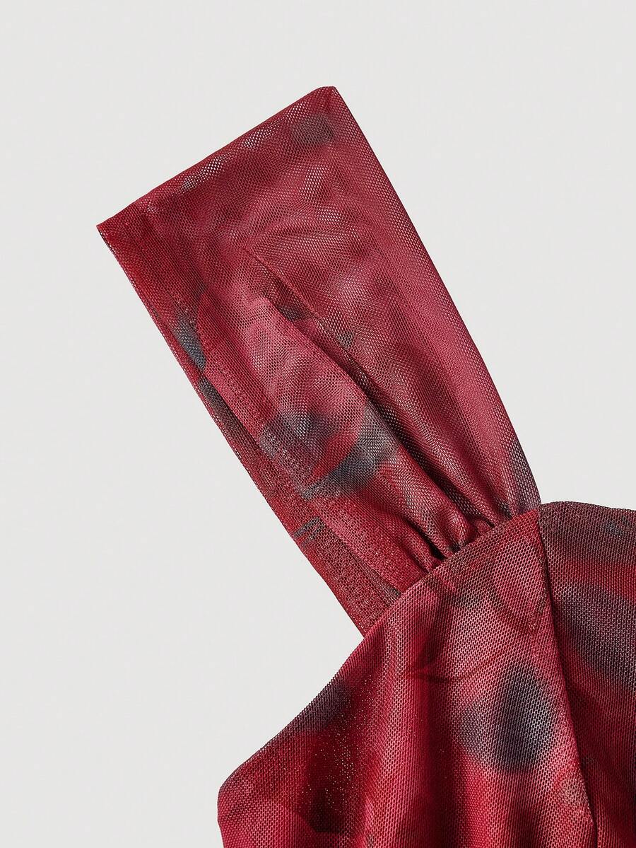 SHEIN MOD فستان كامي عنابي بطبعة زهور بدون أكمام وحافة غير متماثلة
