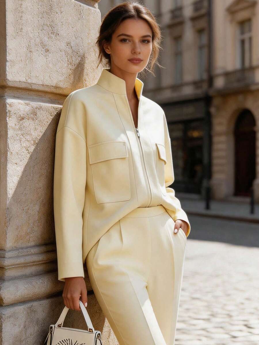 SHEIN جاكيت نسائي خفيف بياقة واقفة وجيوب وأكتاف منسدلة