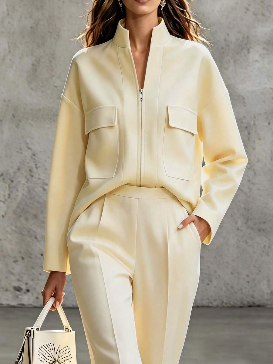 SHEIN جاكيت نسائي خفيف بياقة واقفة وجيوب وأكتاف منسدلة