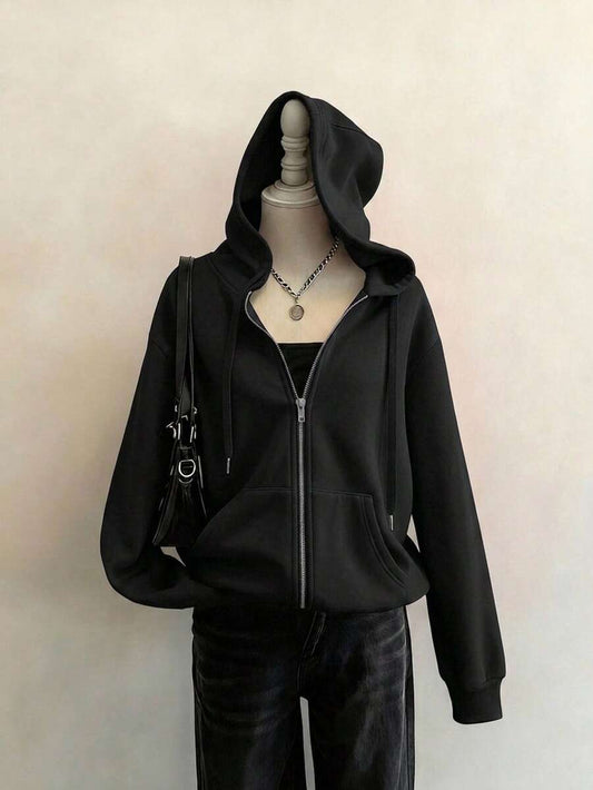 SHEIN Attitoon هودي نسائي أسود بطبعة شبكة عنكبوت بسحاب