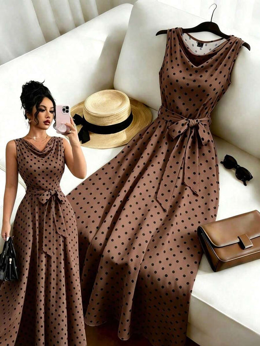 SHEIN Elenzga فستان بياقة كول ونقشة بولكا دوت لامعة وحزام فيونكة