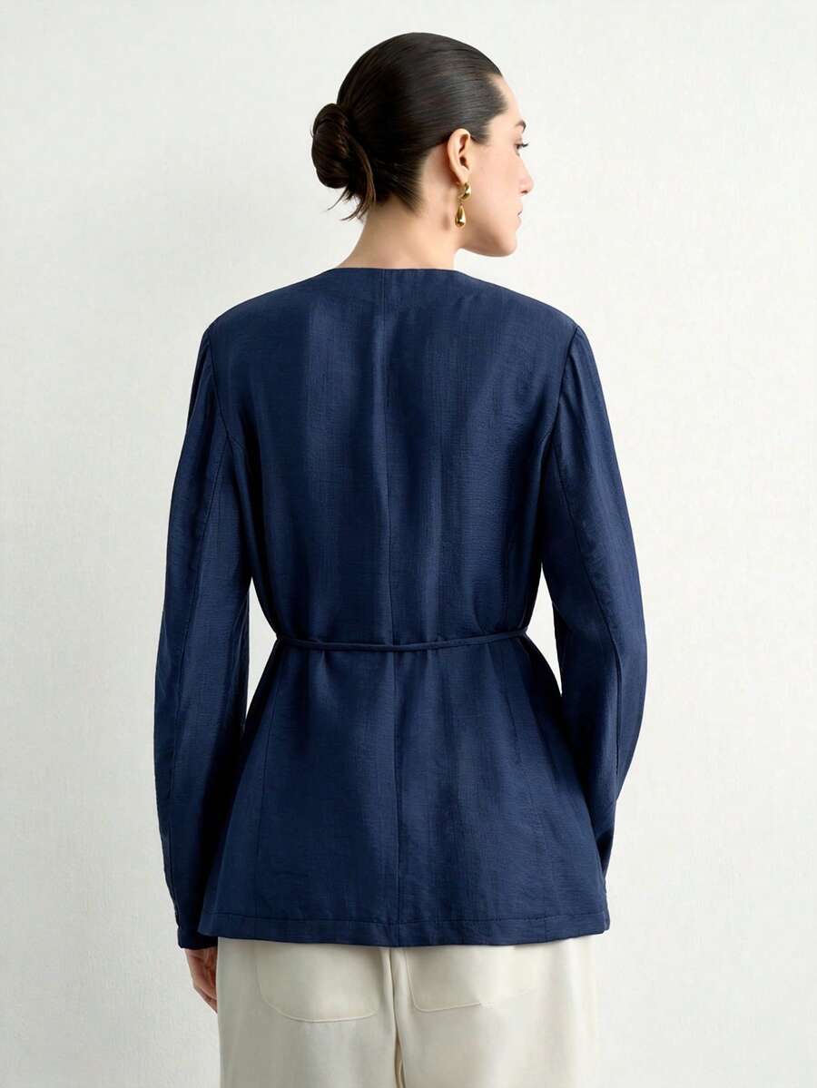 SHEIN Aalyst جاكيت نسائي كاجوال بلون أزرق كحلي بأكمام طويلة
