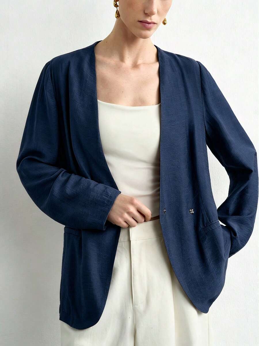 SHEIN Aalyst جاكيت نسائي كاجوال بلون أزرق كحلي بأكمام طويلة