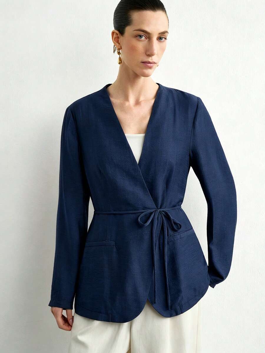 SHEIN Aalyst جاكيت نسائي كاجوال بلون أزرق كحلي بأكمام طويلة