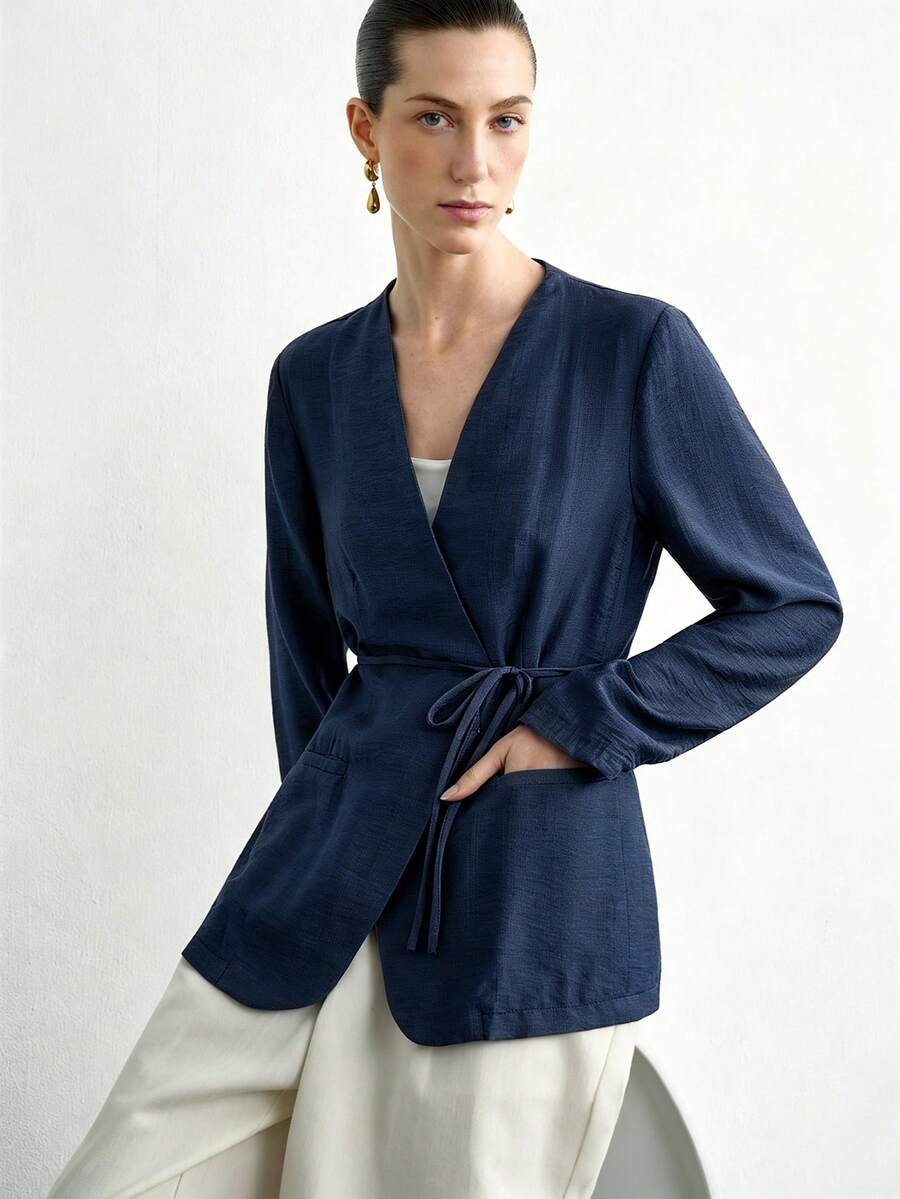 SHEIN Aalyst جاكيت نسائي كاجوال بلون أزرق كحلي بأكمام طويلة
