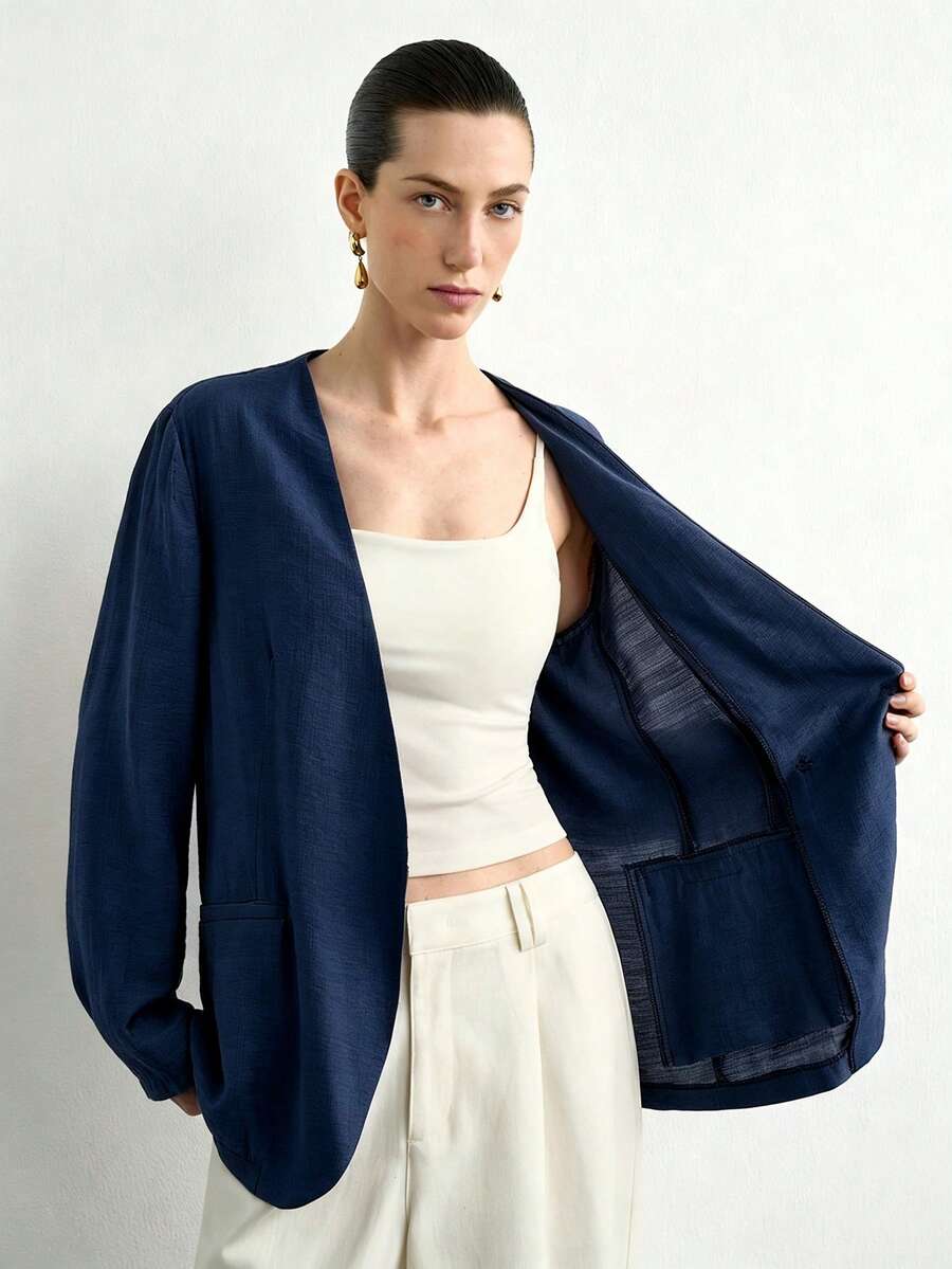 SHEIN Aalyst جاكيت نسائي كاجوال بلون أزرق كحلي بأكمام طويلة