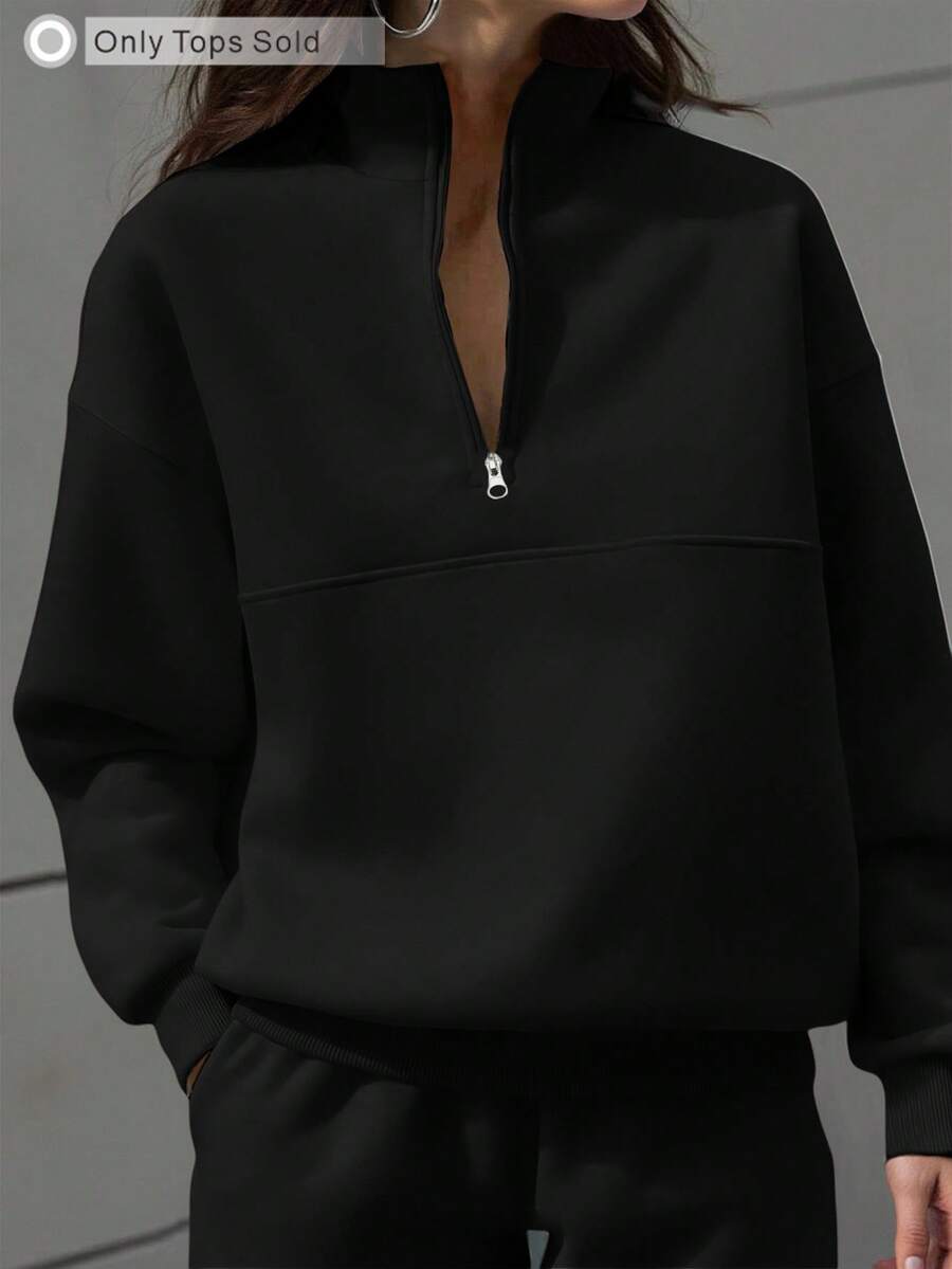 SHEIN EZwear سويت شيرت نسائي أسود بياقة دائرية كاجوال