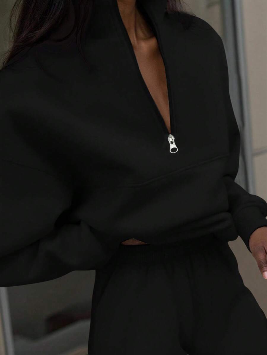 SHEIN EZwear سويت شيرت نسائي أسود بياقة دائرية كاجوال