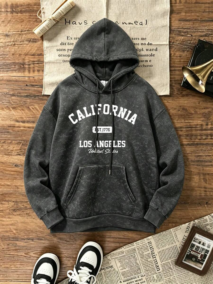 SHEIN LOS ANGELES CALIFORNIA هودي أسود بقصة فضفاضة بطبعة