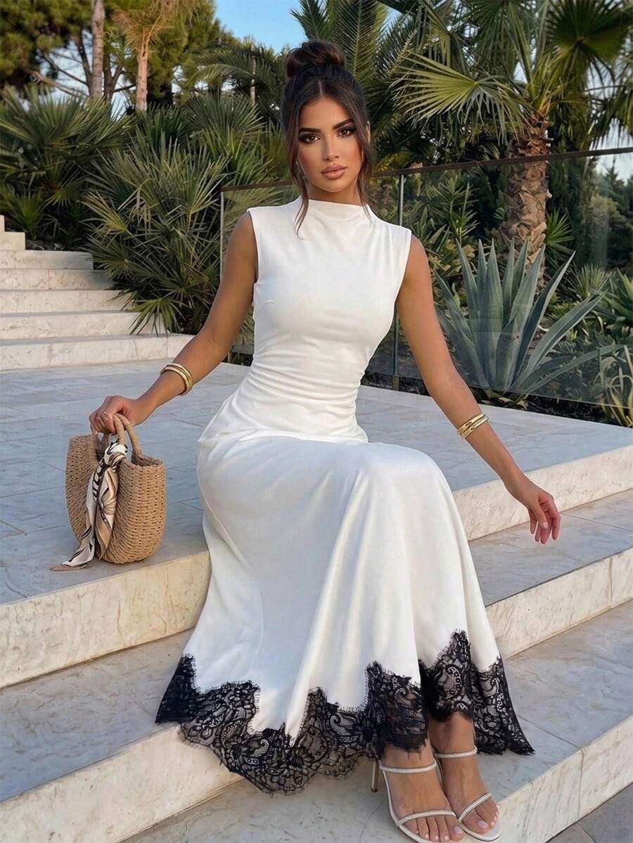 SHEIN Firerie فستان أبيض بدون أكمام بياقة واقفة وتفاصيل دانتيل