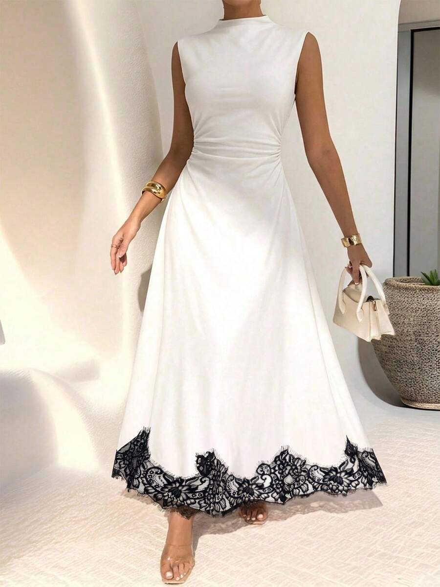 SHEIN Firerie فستان أبيض بدون أكمام بياقة واقفة وتفاصيل دانتيل