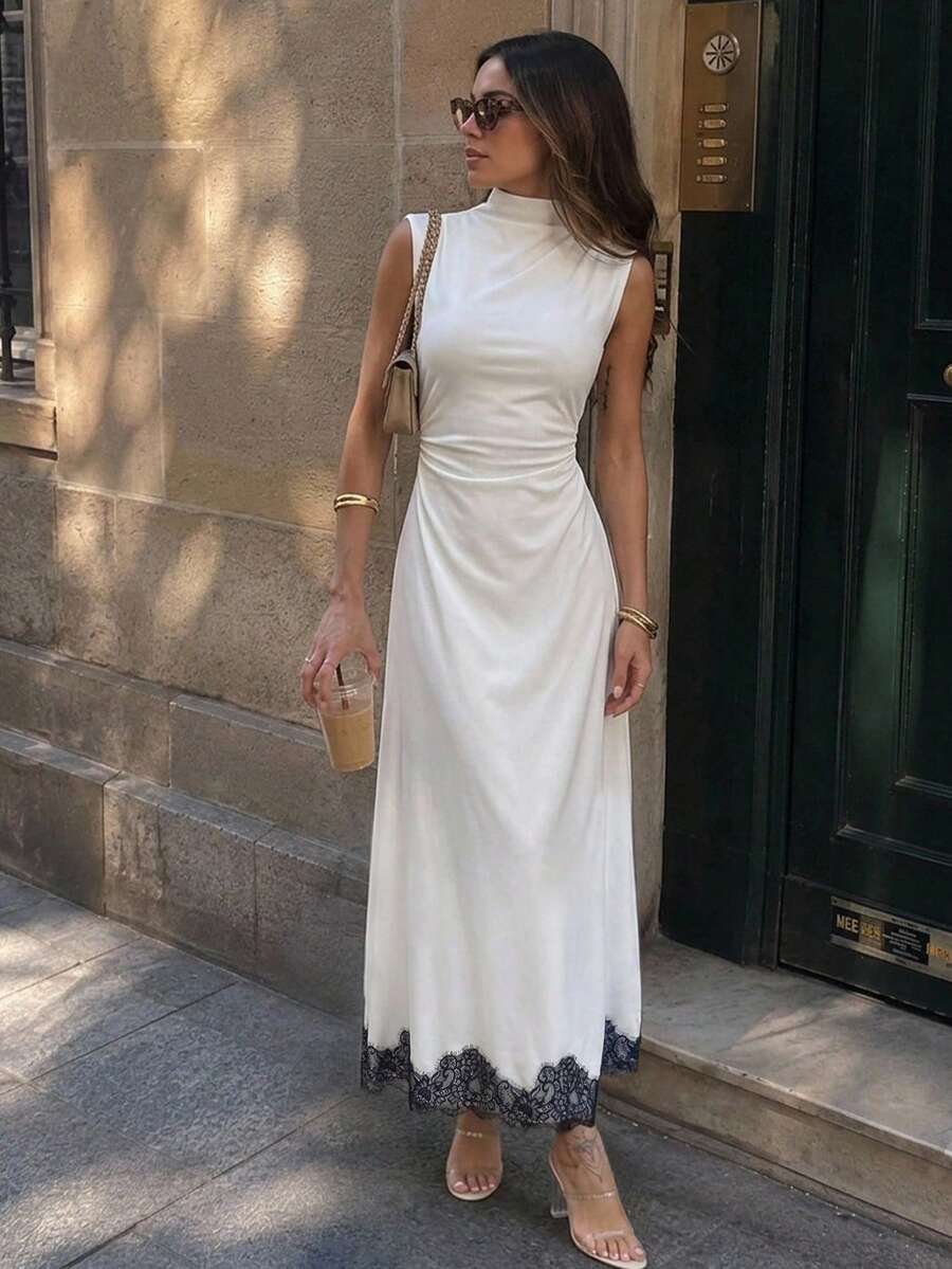SHEIN Firerie فستان أبيض بدون أكمام بياقة واقفة وتفاصيل دانتيل