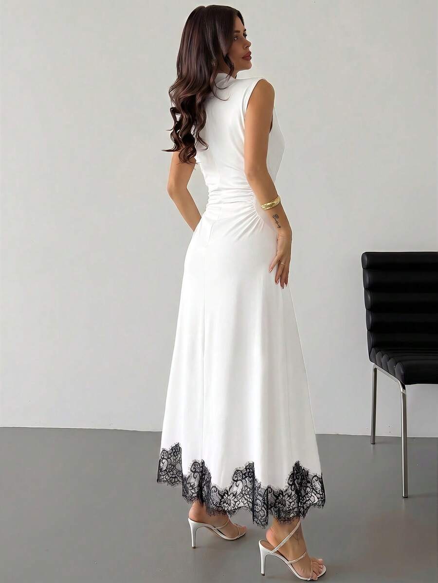 SHEIN Firerie فستان أبيض بدون أكمام بياقة واقفة وتفاصيل دانتيل