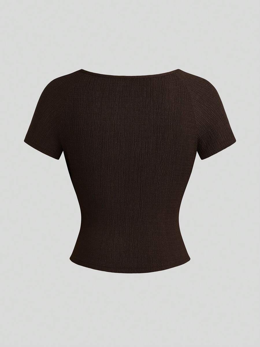 SHEIN Sweetra طقم قطعتين بلوزة مكشكشة بقصة ضيقة وبنطال مستقيم بخصر برباط