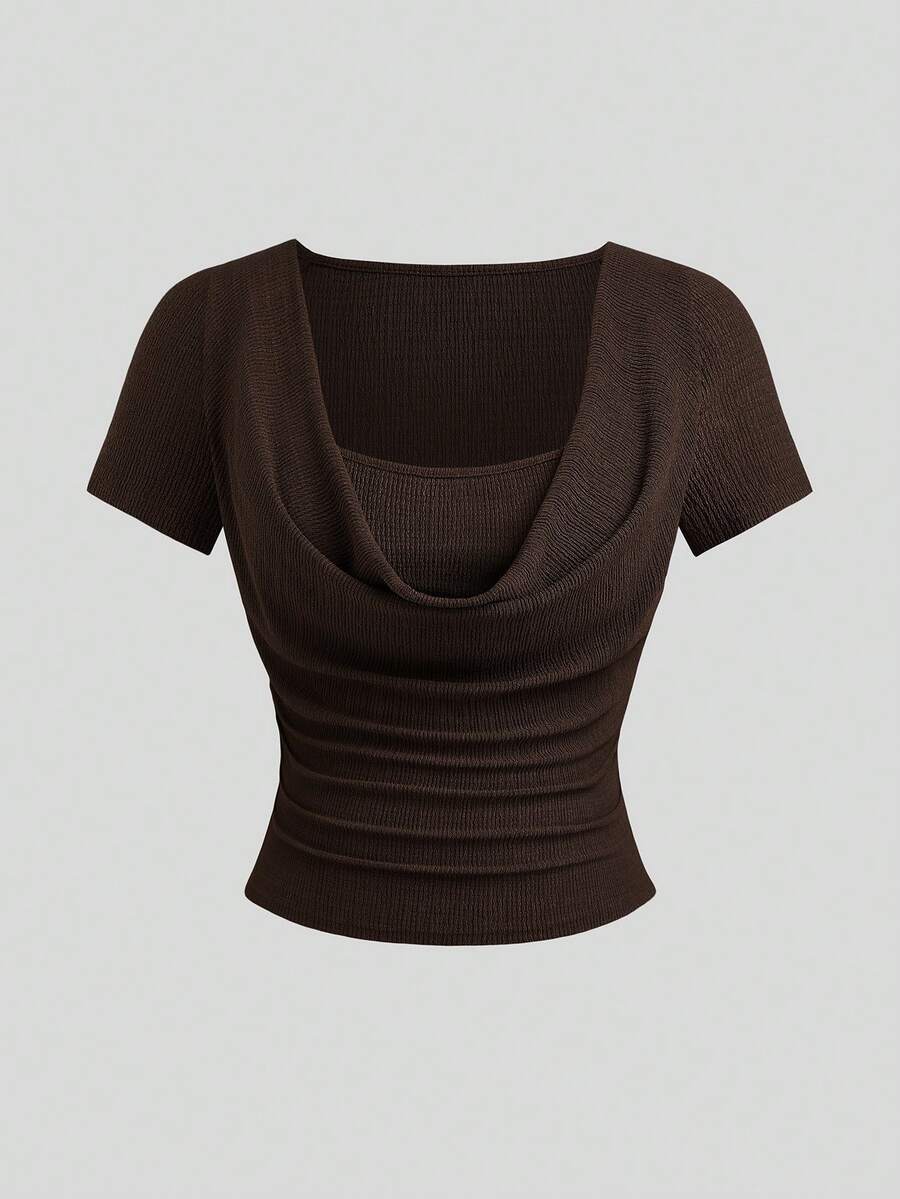 SHEIN Sweetra طقم قطعتين بلوزة مكشكشة بقصة ضيقة وبنطال مستقيم بخصر برباط