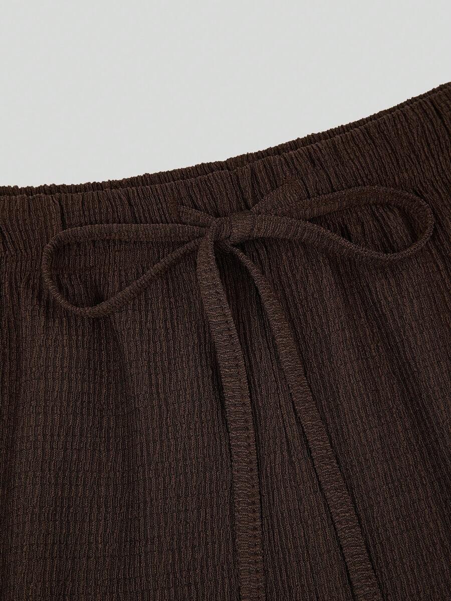 SHEIN Sweetra طقم قطعتين بلوزة مكشكشة بقصة ضيقة وبنطال مستقيم بخصر برباط