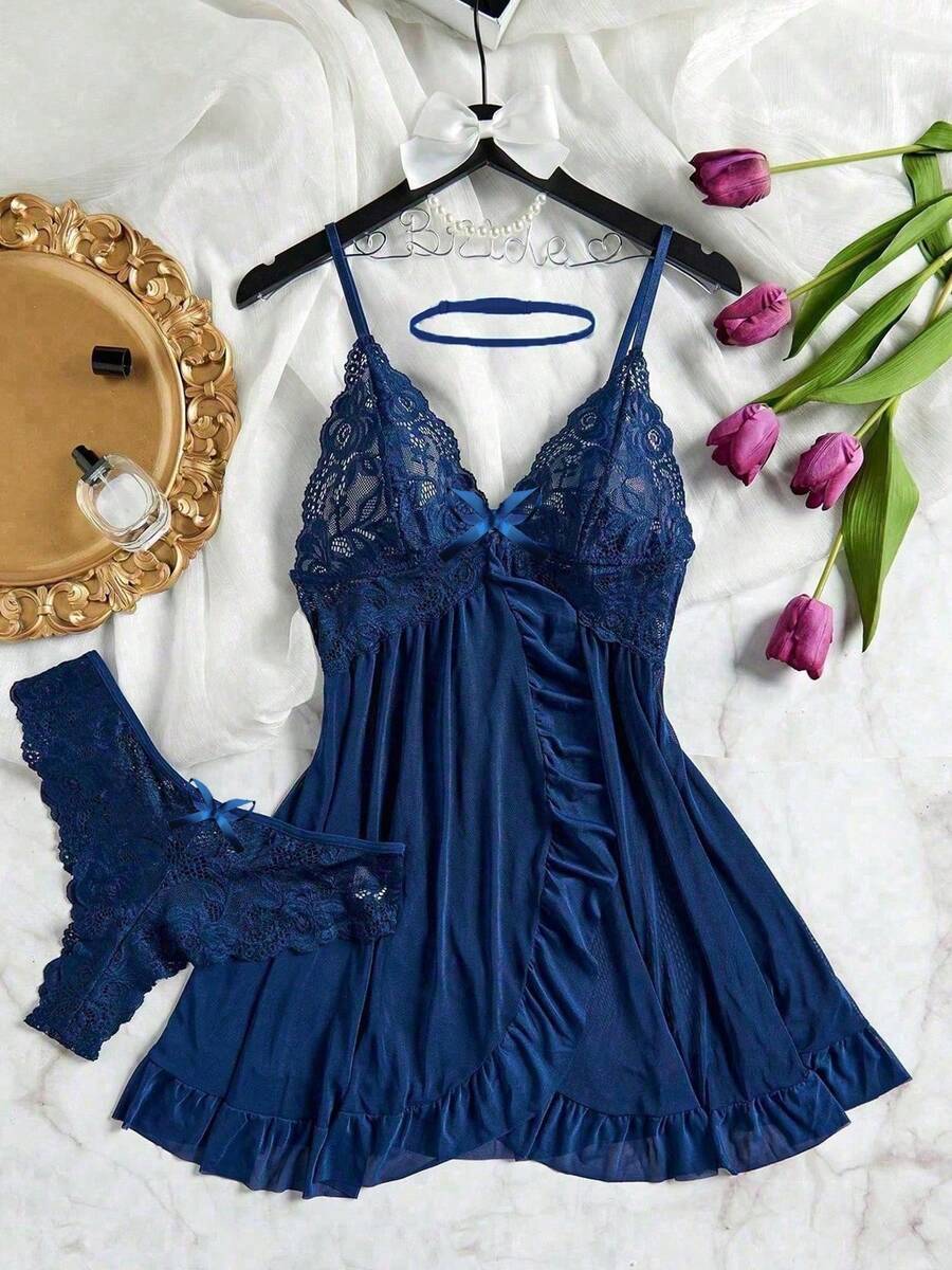 SHEIN SOFUSEN طقم ملابس داخلية قطعتين من الدانتيل بتصميم زهرة اللوتس