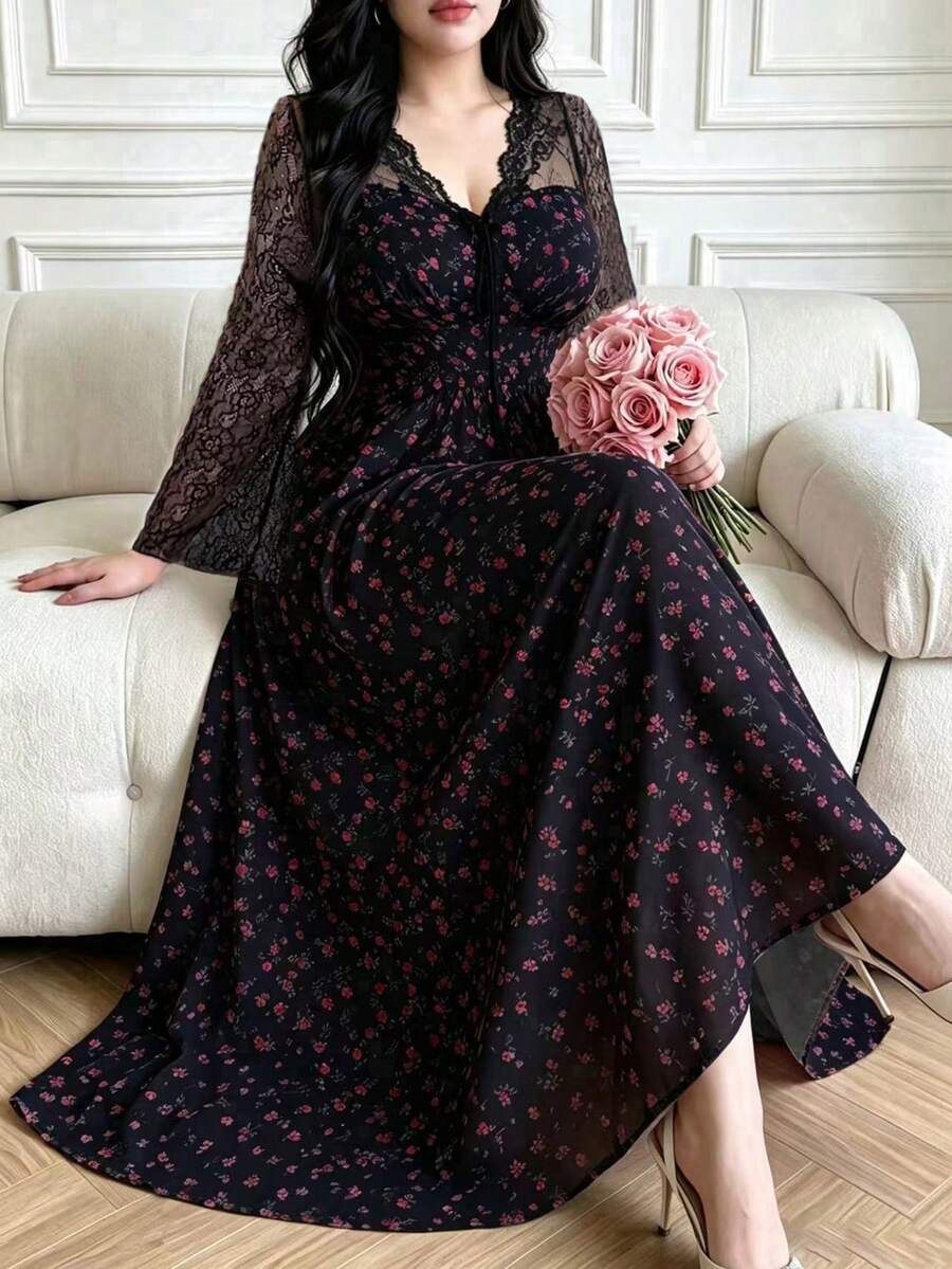 SHEIN Vibekara فستان أسود للمقاسات الكبيرة بأكمام طويلة ورقعات دانتيل