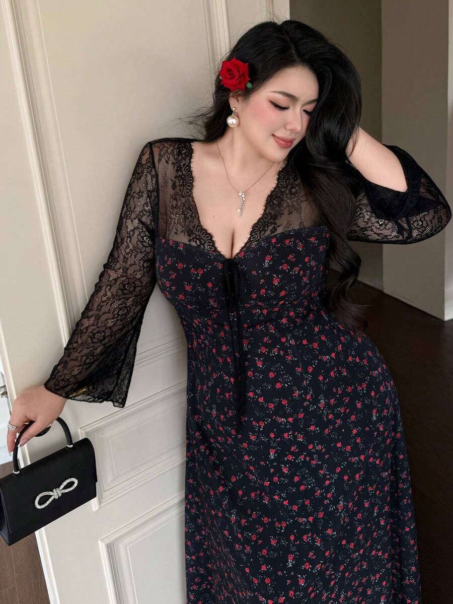 SHEIN Vibekara فستان أسود للمقاسات الكبيرة بأكمام طويلة ورقعات دانتيل