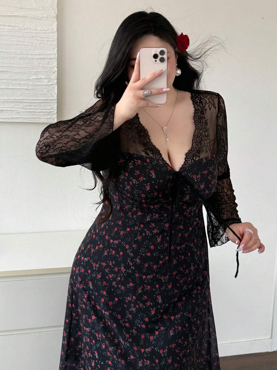 SHEIN Vibekara فستان أسود للمقاسات الكبيرة بأكمام طويلة ورقعات دانتيل