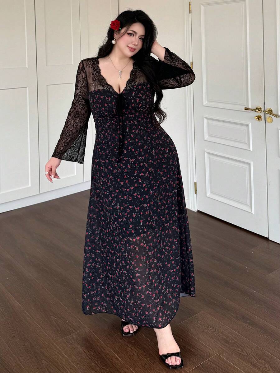 SHEIN Vibekara فستان أسود طويل بكتف مكشوف ونقشة بولكا دوت وذيل حورية البحر