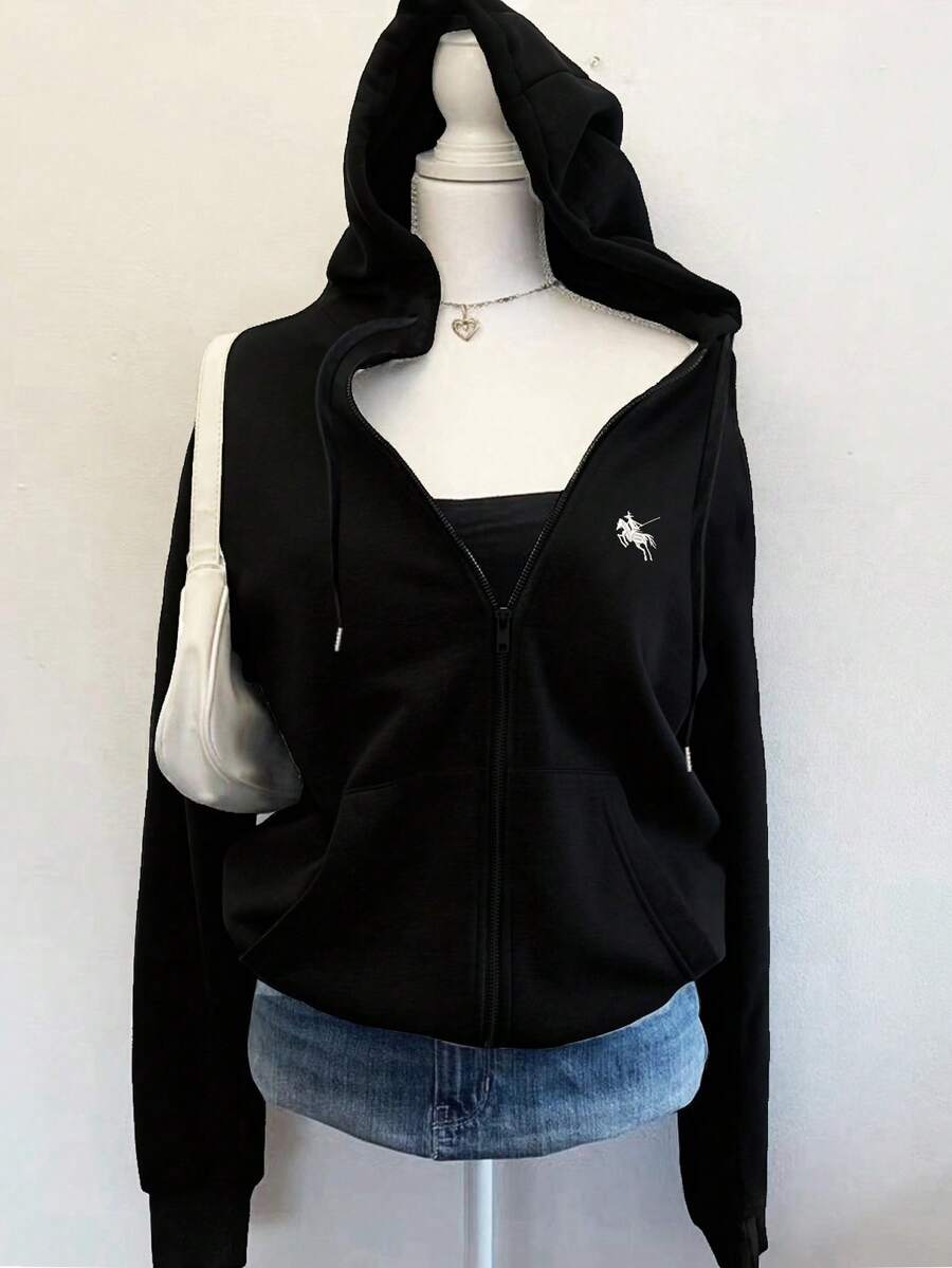 SHEIN EZwear بلوزة رياضية نسائية فضفاضة بسحاب ورباط بطبعة حصان