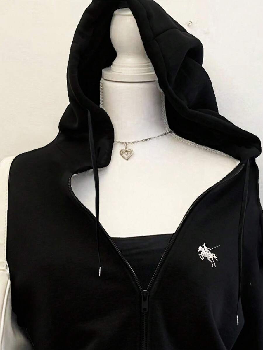 SHEIN EZwear بلوزة رياضية نسائية فضفاضة بسحاب ورباط بطبعة حصان