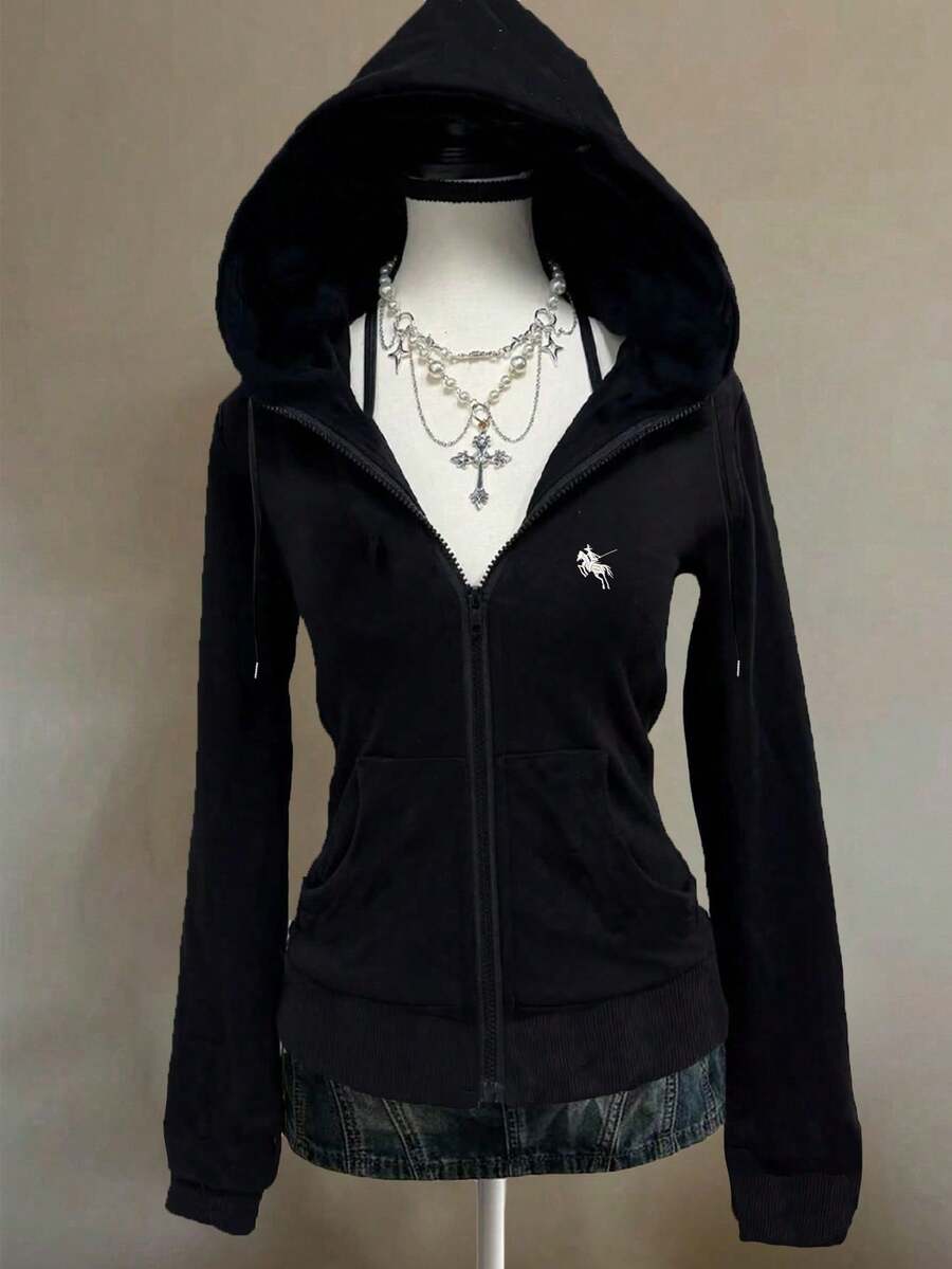 SHEIN EZwear بلوزة رياضية نسائية فضفاضة بسحاب ورباط بطبعة حصان