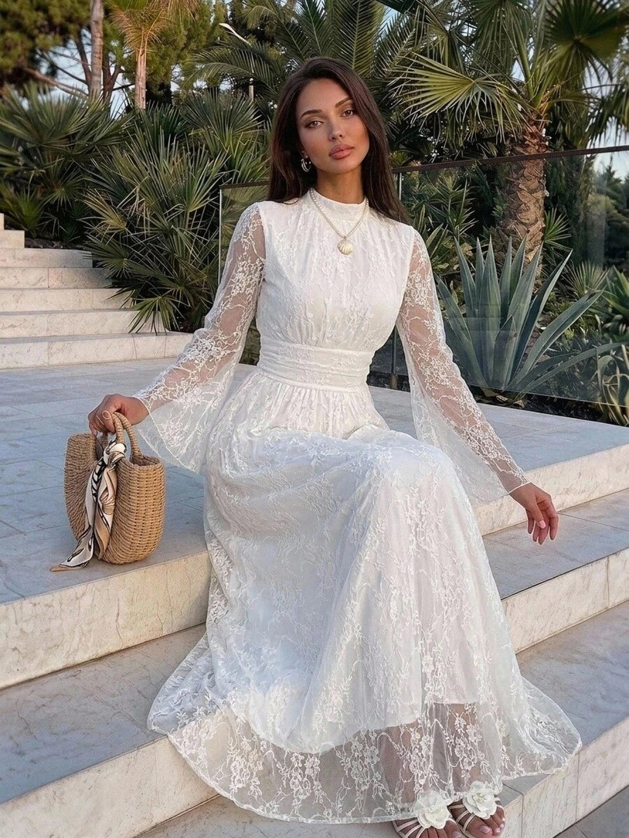 SHEIN Firerie فستان أبيض بياقة واقفة وخصر مرتفع وأكمام واسعة