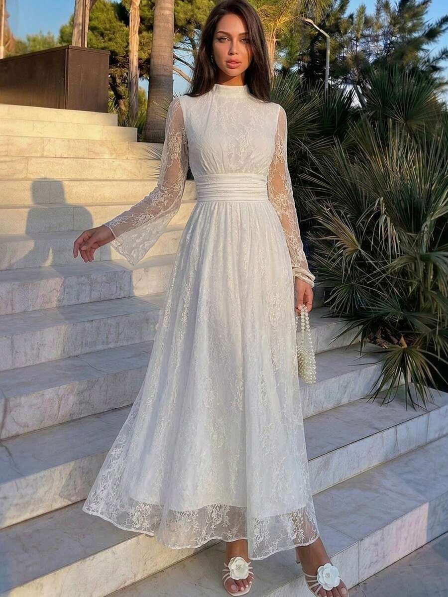 SHEIN Firerie فستان أبيض بياقة واقفة وخصر مرتفع وأكمام واسعة