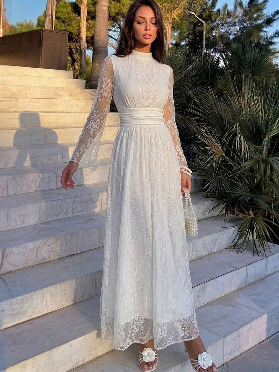 SHEIN Firerie فستان أبيض بياقة واقفة وخصر مرتفع وأكمام واسعة