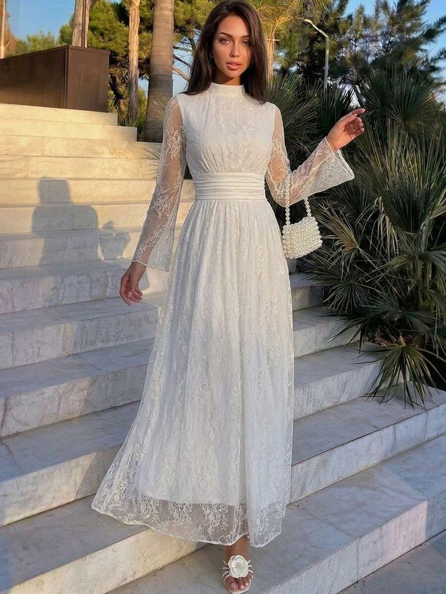 SHEIN Firerie فستان أبيض بياقة واقفة وخصر مرتفع وأكمام واسعة