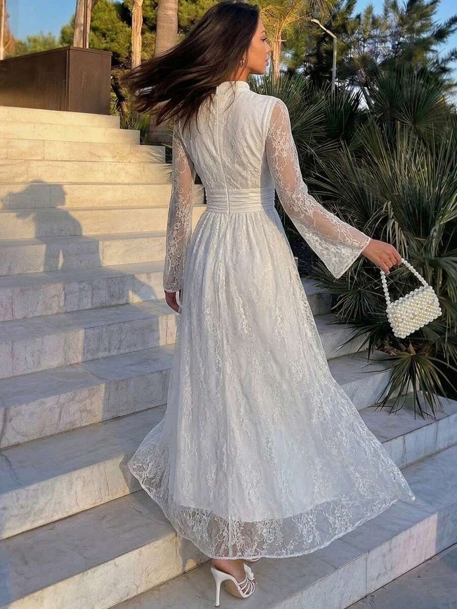 SHEIN Firerie فستان أبيض بياقة واقفة وخصر مرتفع وأكمام واسعة