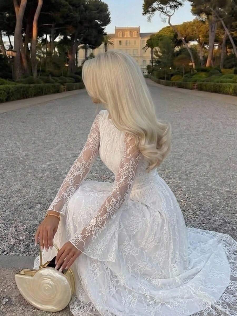 SHEIN Firerie فستان أبيض بياقة واقفة وخصر مرتفع وأكمام واسعة