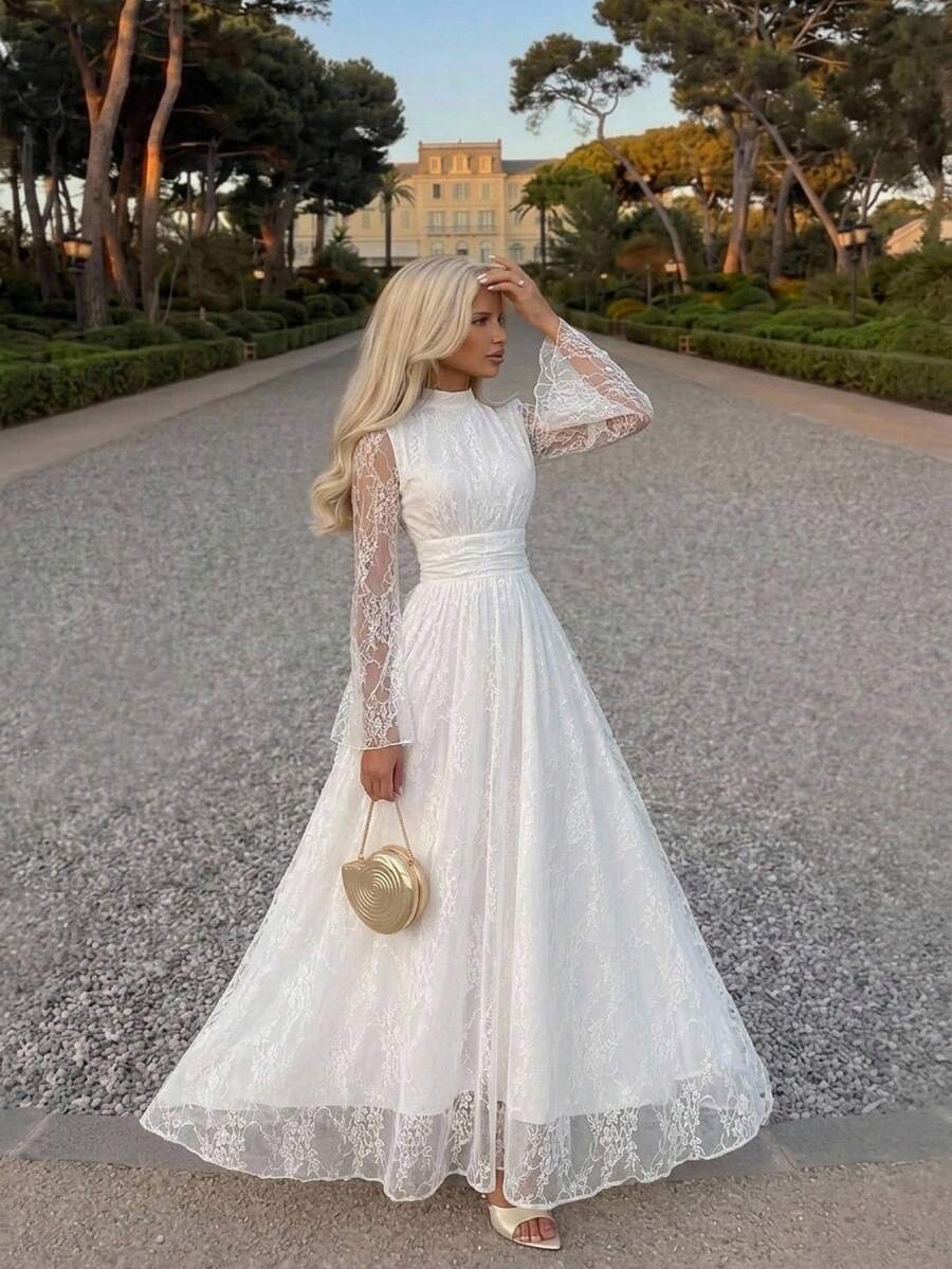 SHEIN Firerie فستان أبيض بياقة واقفة وخصر مرتفع وأكمام واسعة