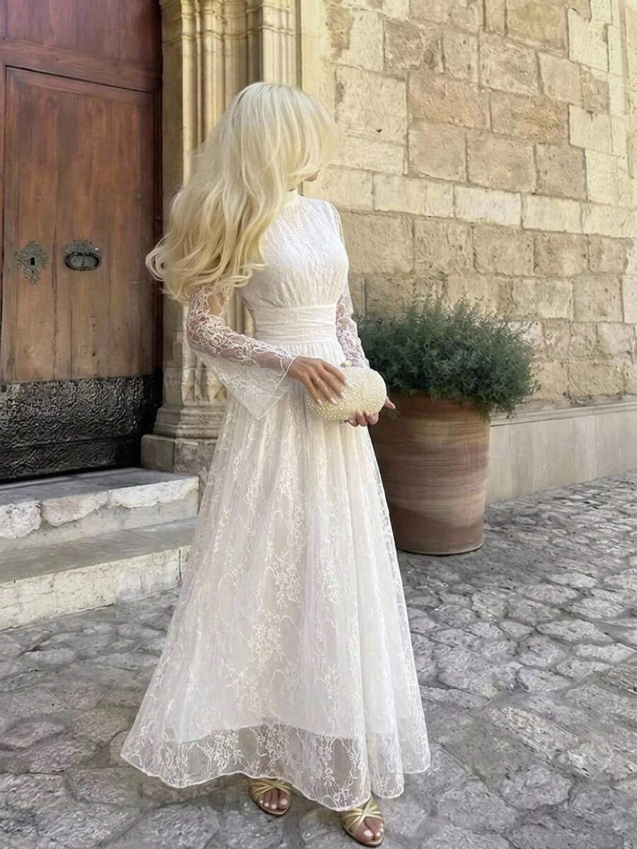 SHEIN Firerie فستان أبيض بياقة واقفة وخصر مرتفع وأكمام واسعة