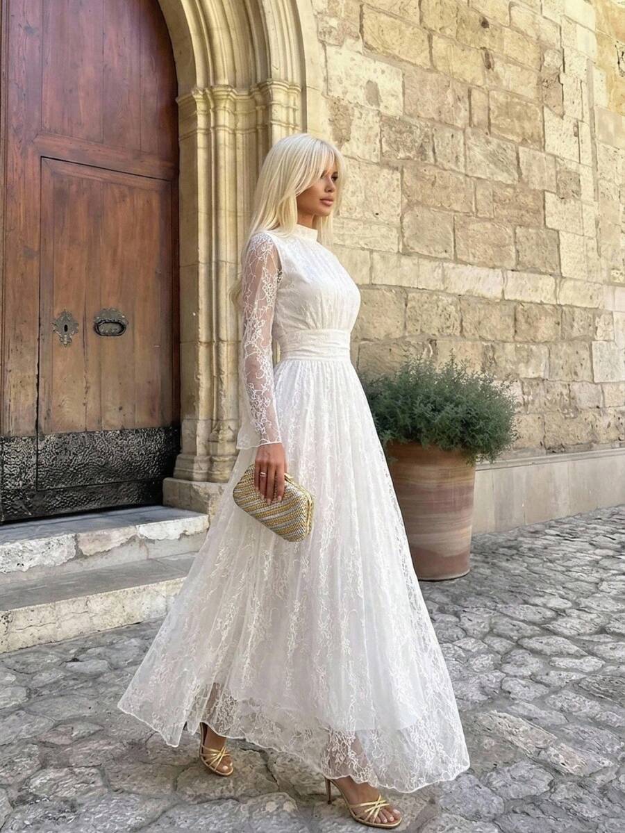 SHEIN Firerie فستان أبيض بياقة واقفة وخصر مرتفع وأكمام واسعة
