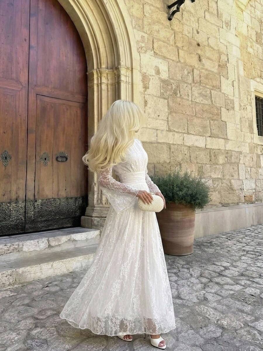 SHEIN Firerie فستان أبيض بياقة واقفة وخصر مرتفع وأكمام واسعة
