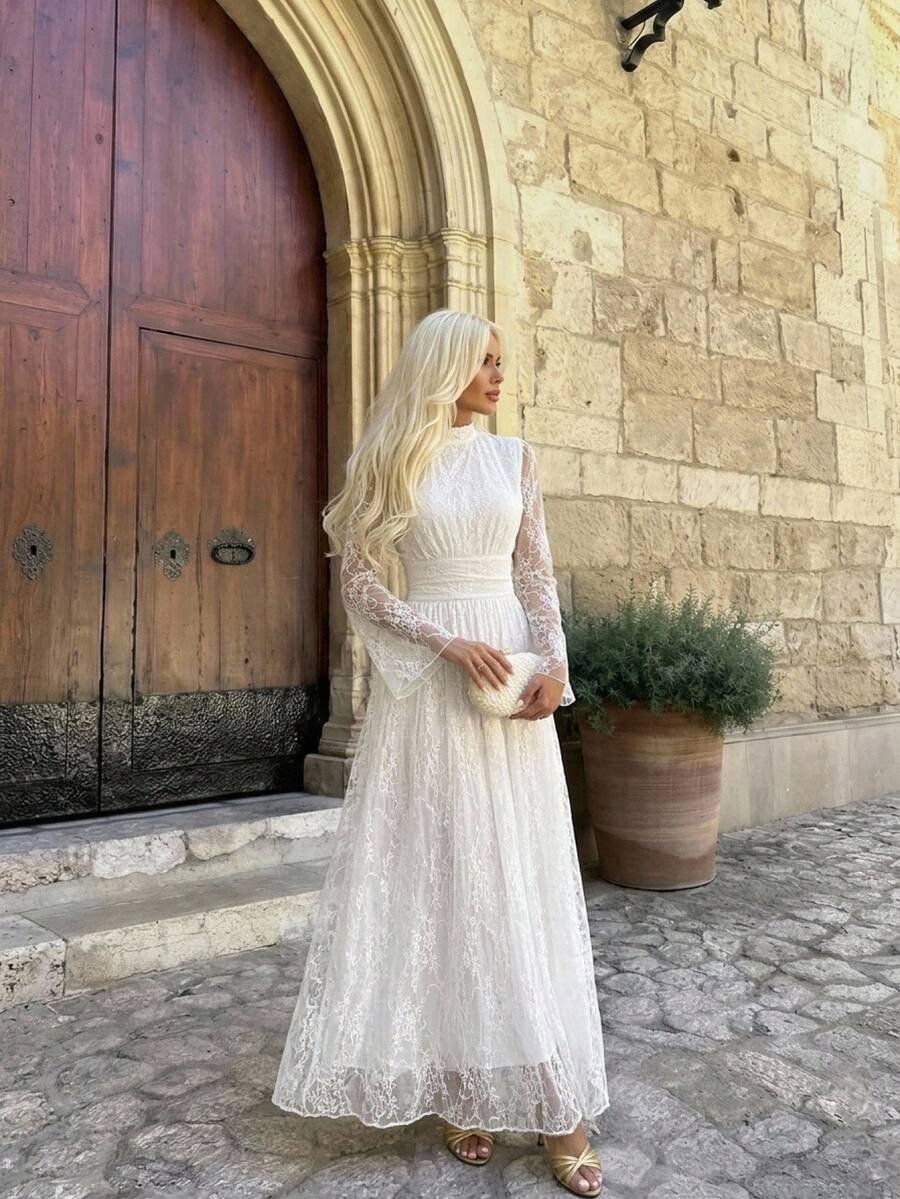 SHEIN Firerie فستان أبيض بياقة واقفة وخصر مرتفع وأكمام واسعة