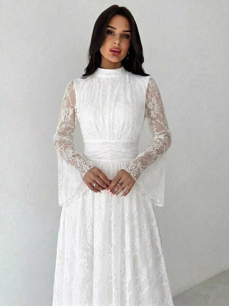 SHEIN Firerie فستان أبيض بياقة واقفة وخصر مرتفع وأكمام واسعة