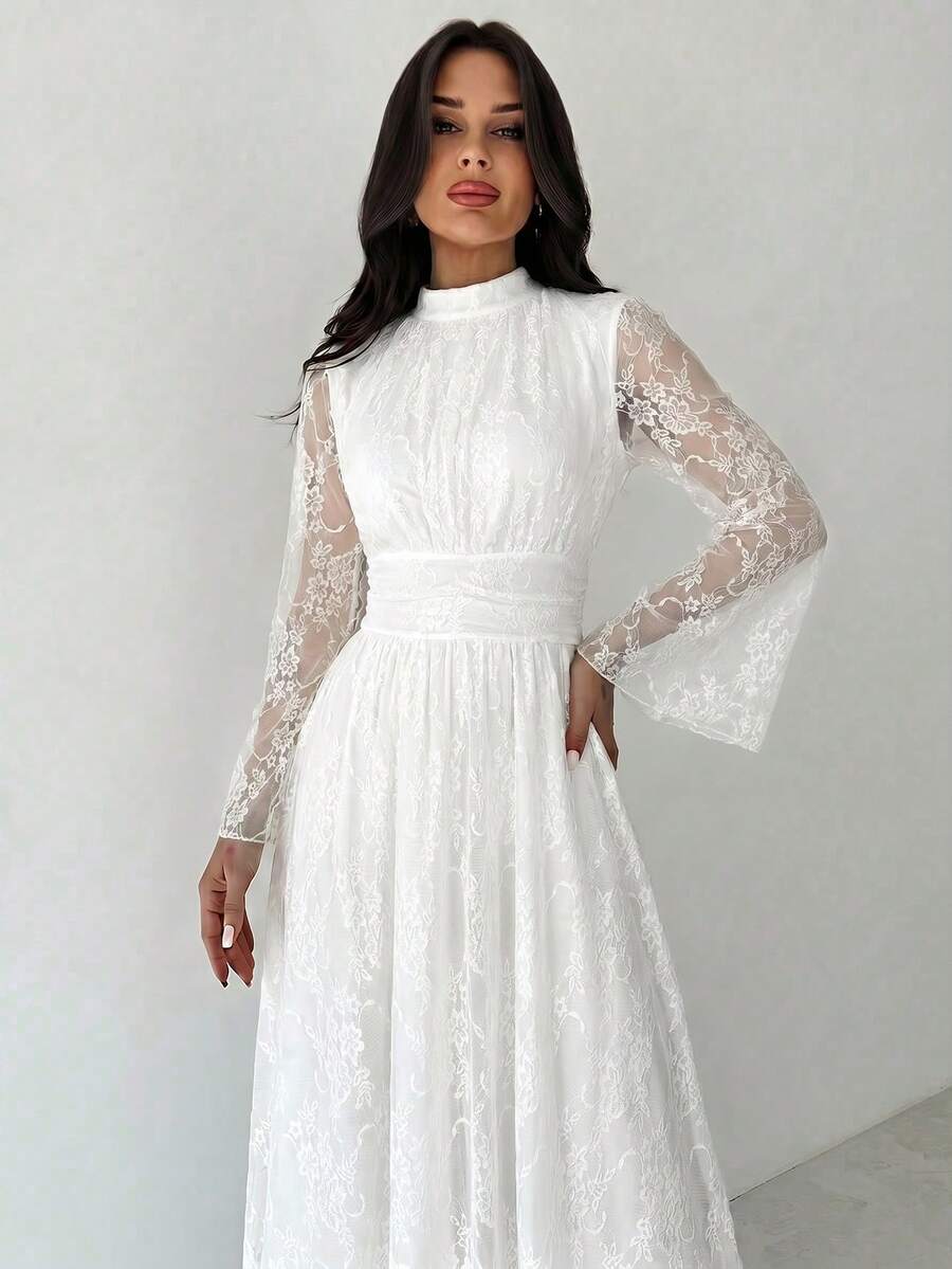 SHEIN Firerie فستان أبيض بياقة واقفة وخصر مرتفع وأكمام واسعة