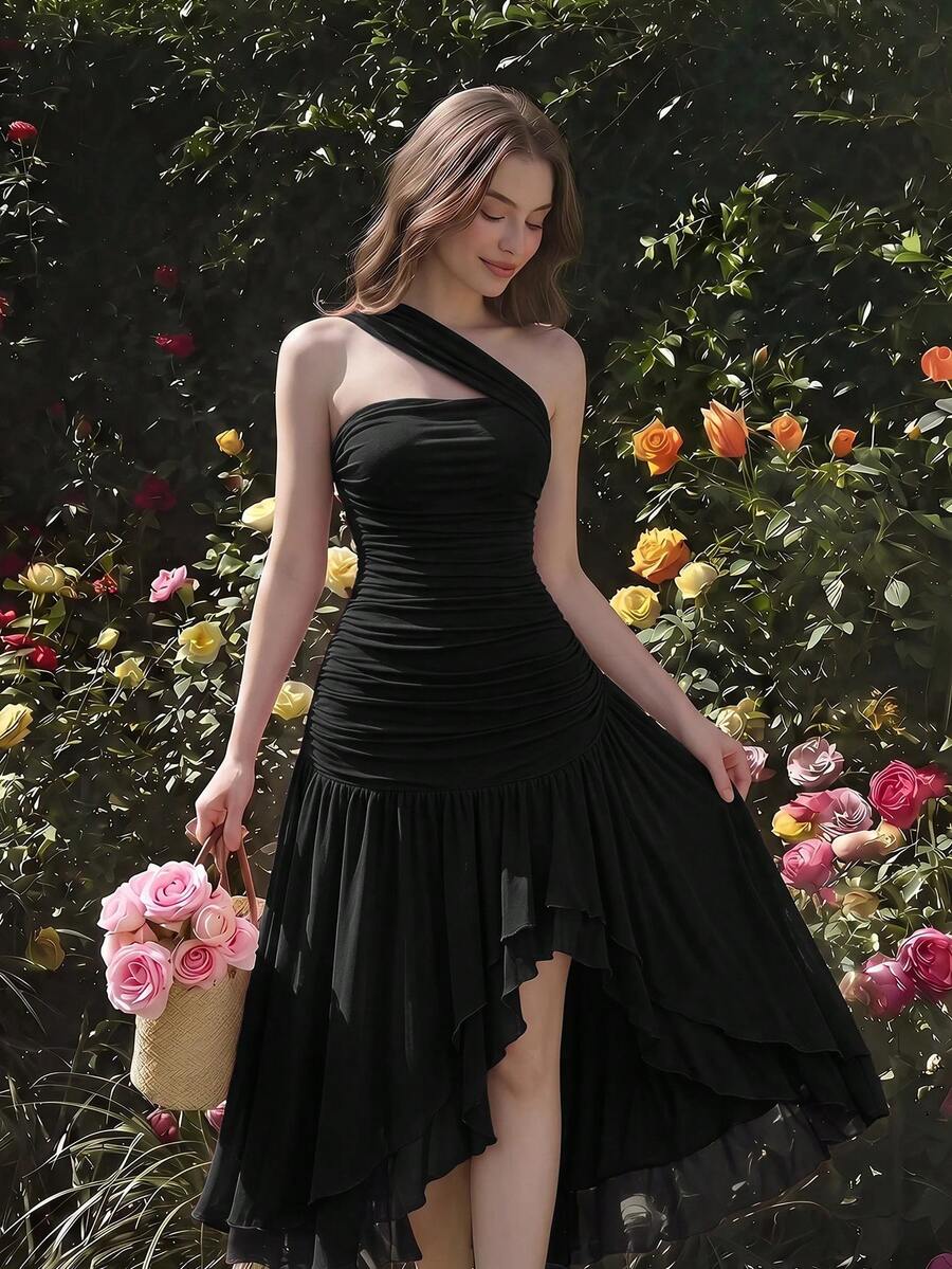 SHEIN MOD فستان أسود بكتف واحد وحافة مكشكشة غير متماثلة بدون أكمام