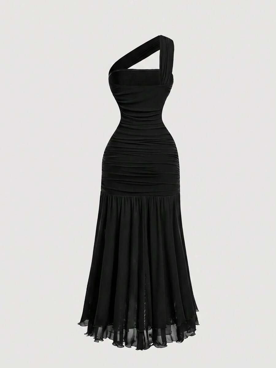 SHEIN MOD فستان أسود بكتف واحد وحافة مكشكشة غير متماثلة بدون أكمام
