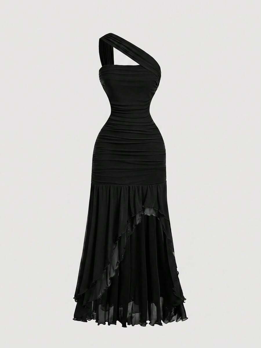 SHEIN MOD فستان أسود بكتف واحد وحافة مكشكشة غير متماثلة بدون أكمام