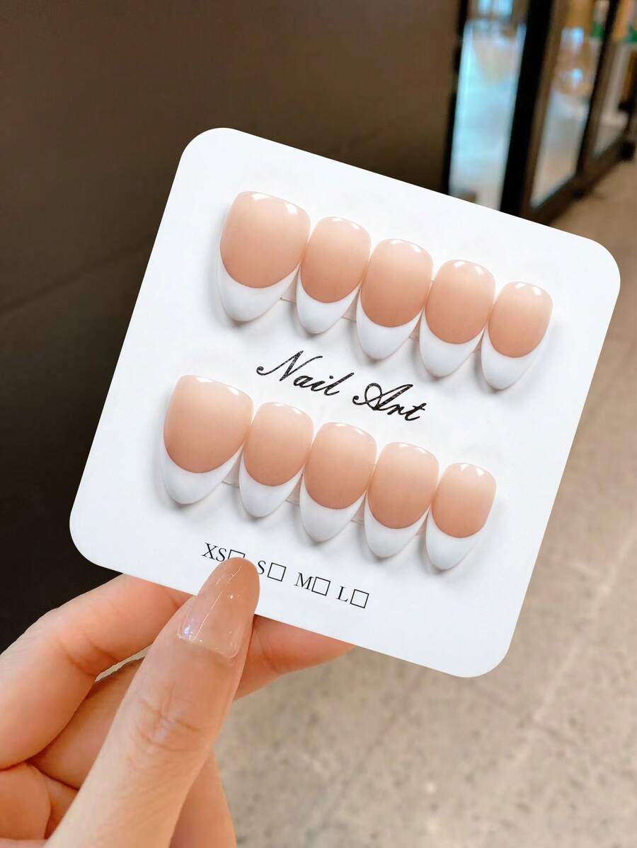 SHEIN YINZIJIA أظافر صناعية 10 قطع لوزية قصيرة بتصميم فرنسي وردي