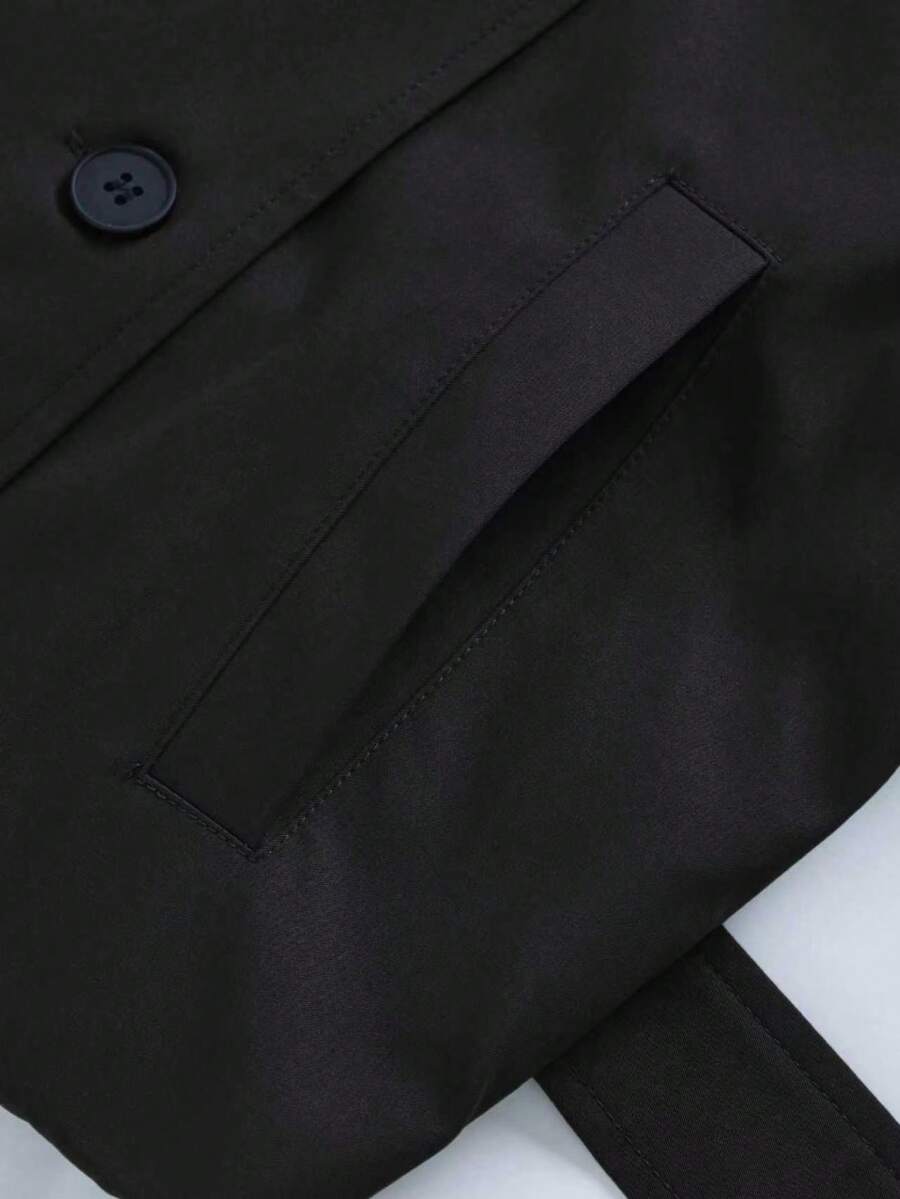 SHEIN معطف ترنش نسائي أسود مزدوج الصدر بأكتاف منسدلة