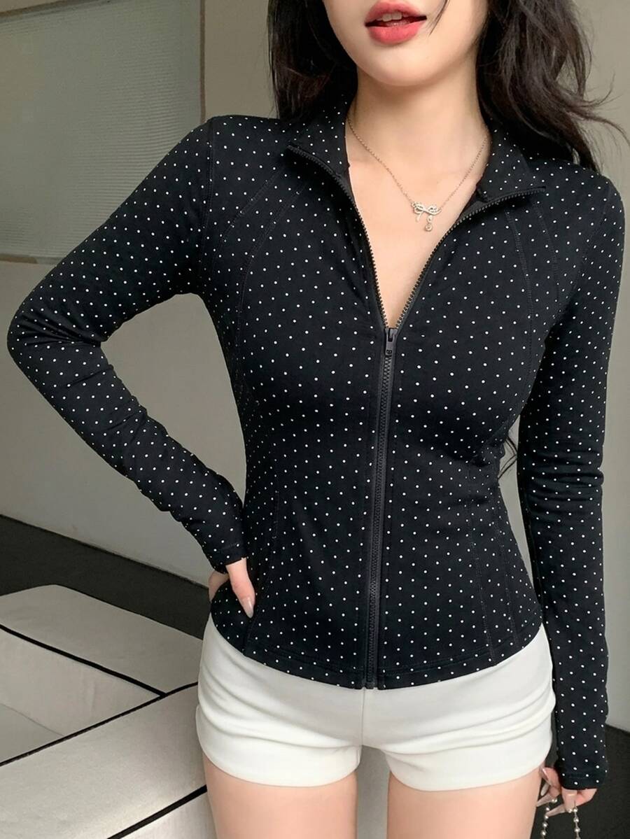 SHEIN Dazy Tall بلوزة نسائية بأكمام طويلة وأزرار أمامية ونقشة نقاط